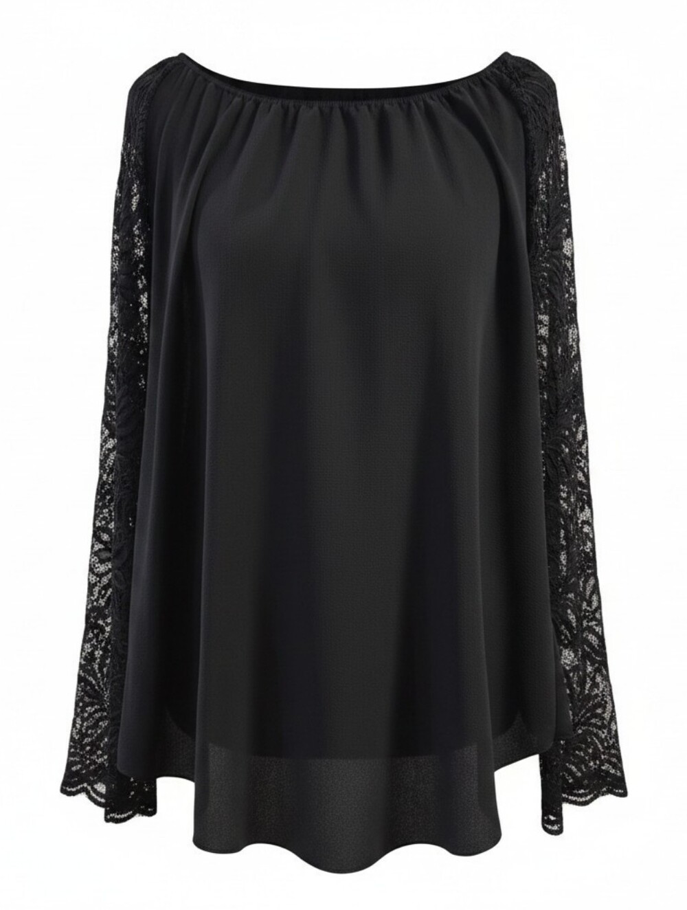 Poliana Plus Whimsy Goth Elegant Black Lace Sleeve Top 1X